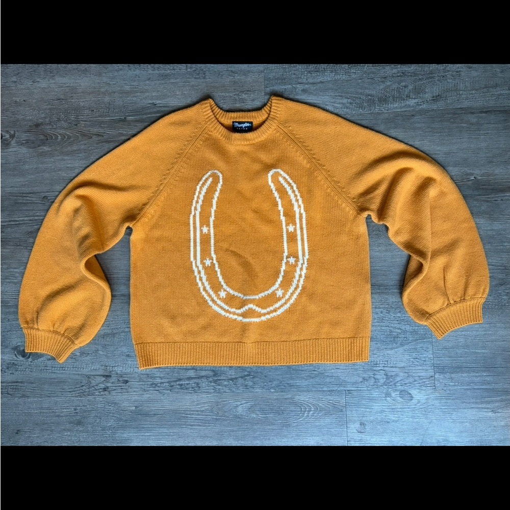 Stylish Mustard Crewneck Sweater with Horseshoe Design